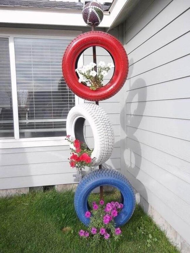Stacked Red Tire Flower Tower