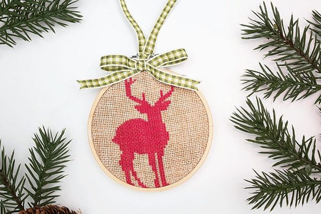 Red Reindeer On Burlap Ornament