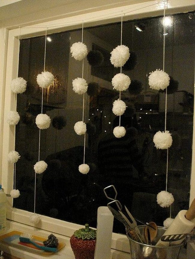 White Pom-Poms Night Window