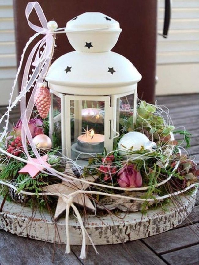 White Lantern With Dried Pink Florals