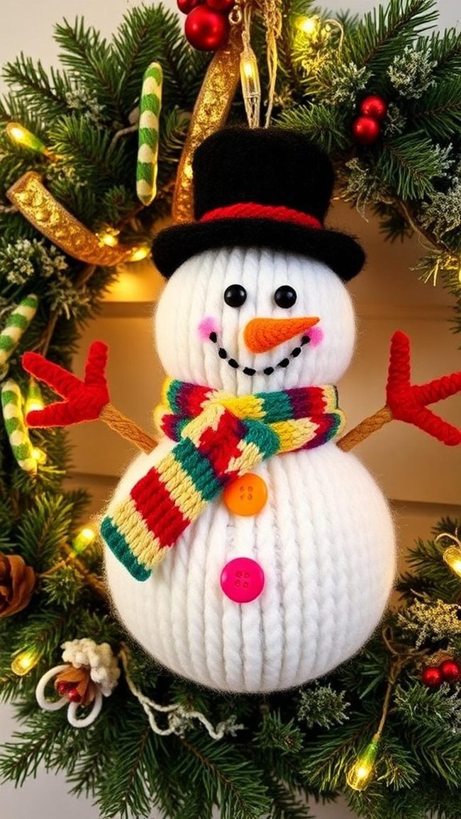 Snowman Yarn Wreath Door Welcome