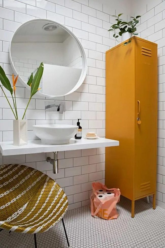 Mustard Lockers, White Tiles, Green Plants