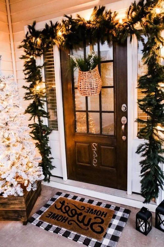 Dark Wood Door With Green Garland Lights