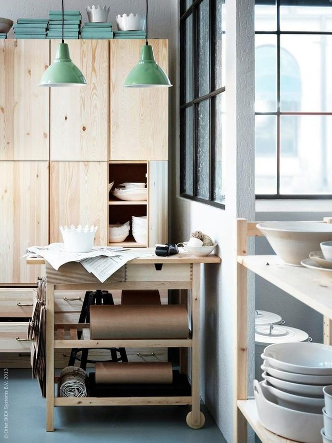 Green Lamps, Natural Wood Kitchen