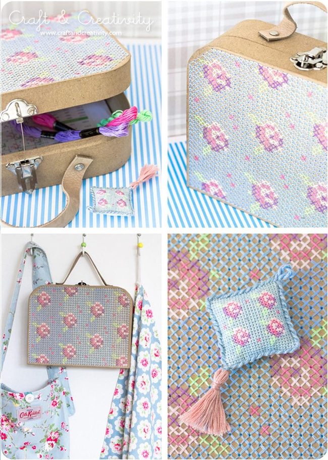 Embroidered Floral Suitcases Blue Pink