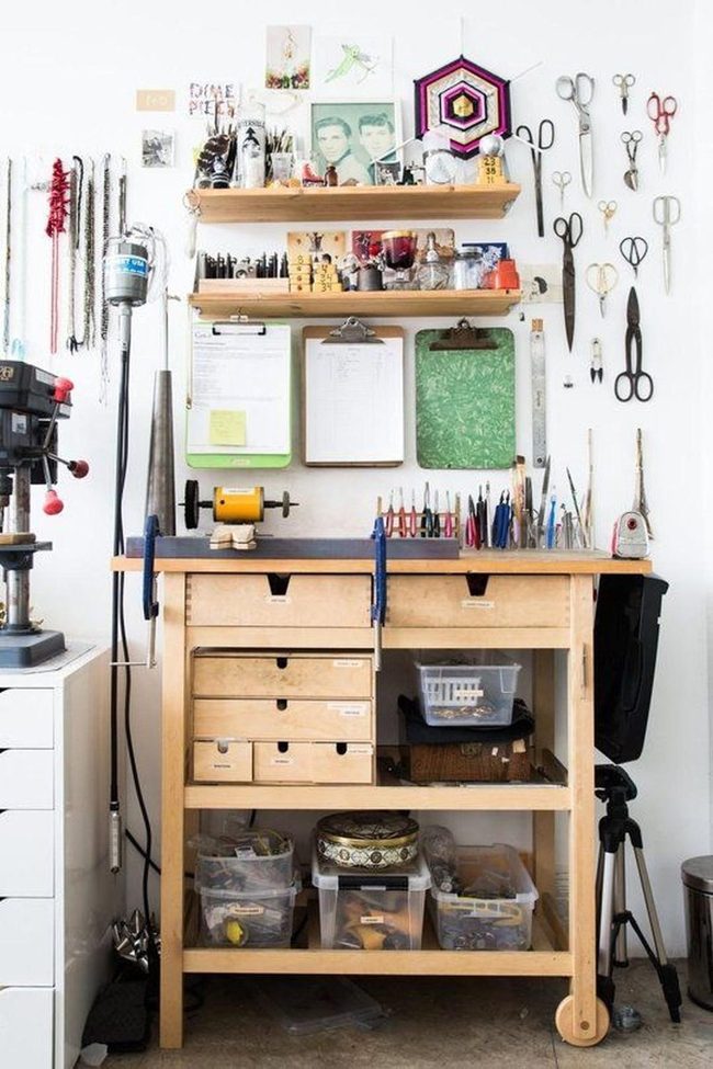 Wooden Workspace With Hanging Scissors