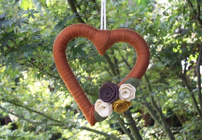 Brown Yarn Hearts In Green Leaves