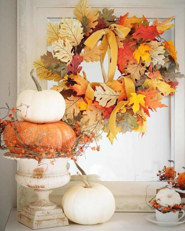 Orange Pumpkins, Autumn Leaves
