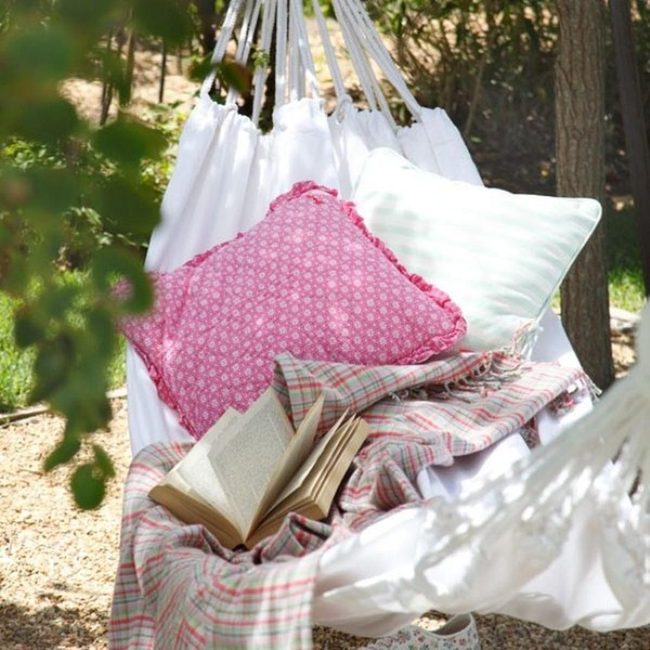 White Hammock Pink Blue Pillows