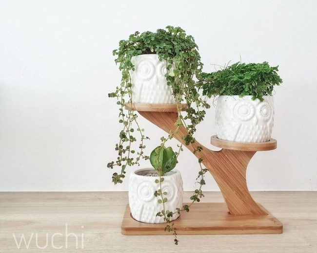 Tiered Bamboo Plant Tower With Owls