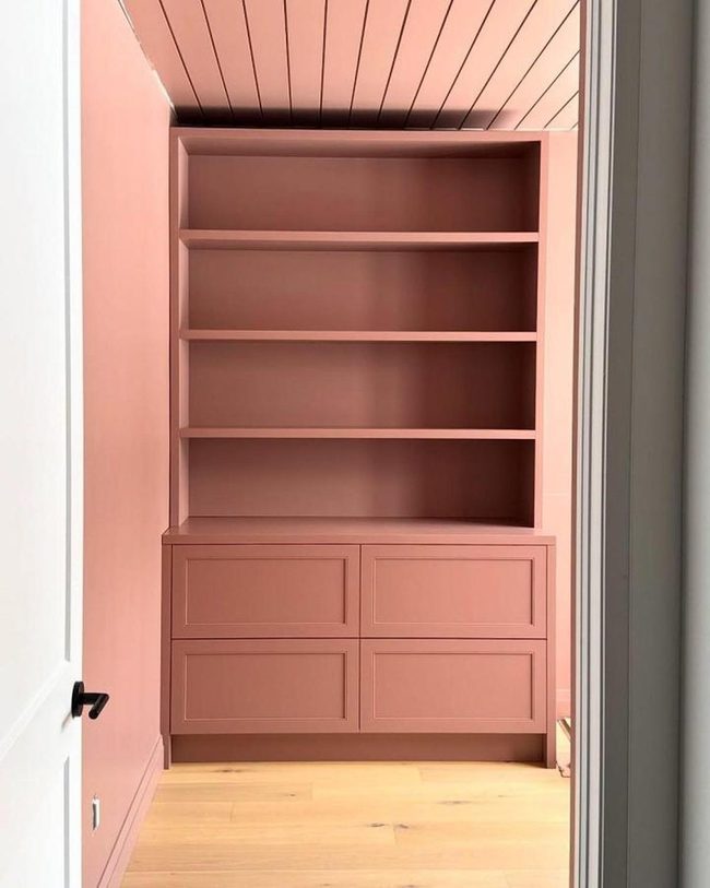 Pink Built In Shelves Wooden Ceiling