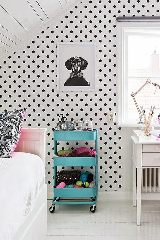 Turquoise Cart, Polka Dot Walls