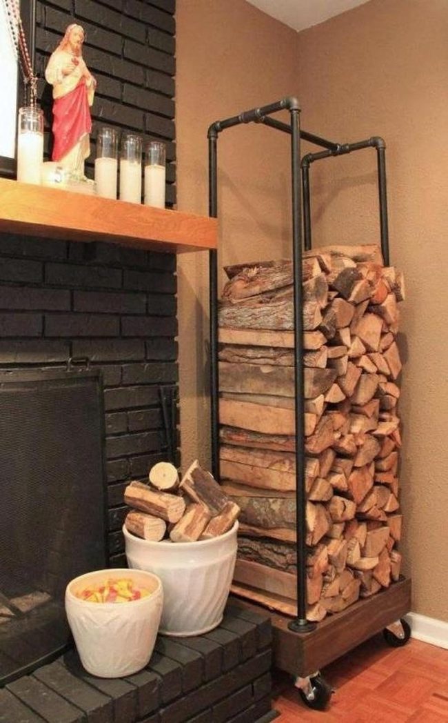 Black Brick Fireplace With Wooden Warmth