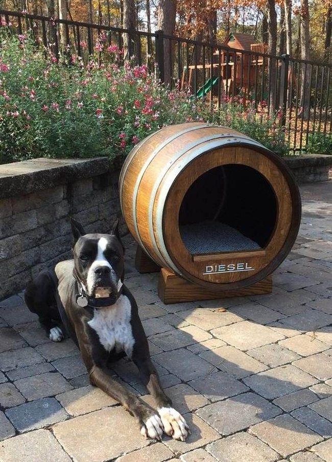 Wooden Barrel Dog Shelter
