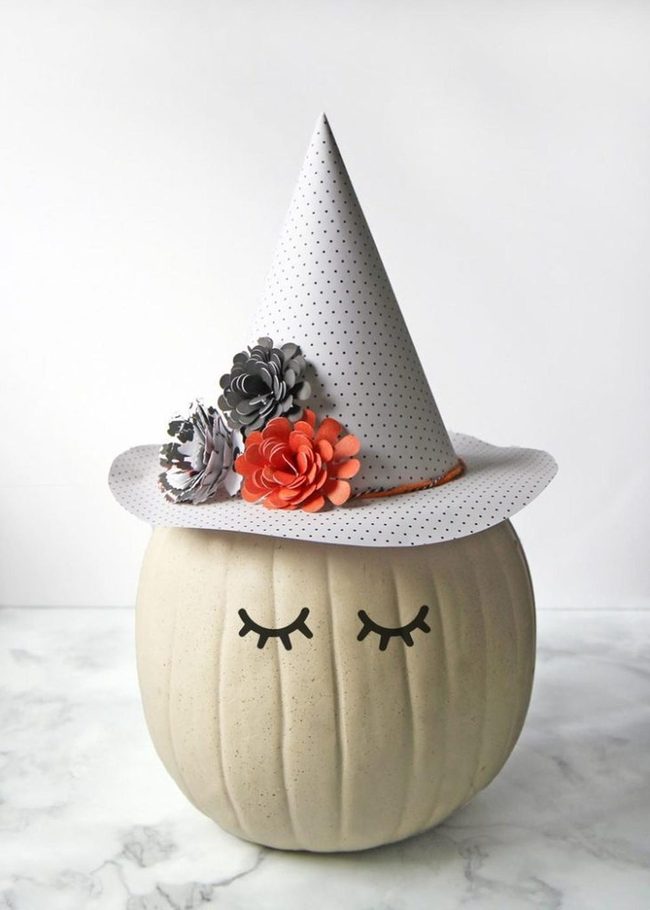 Cream Pumpkin With Polka-Dot Witch Hat