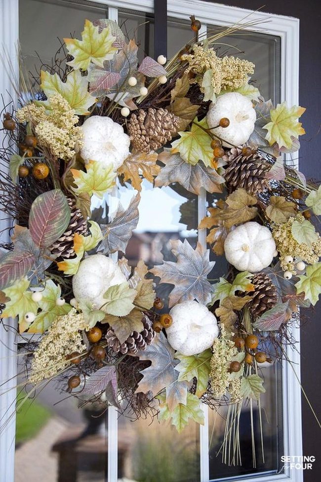 Backlit White Pumpkins Fall Wreath