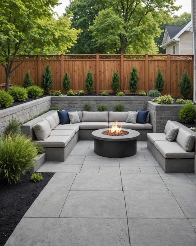 Gray Concrete Patio Built-in Seating