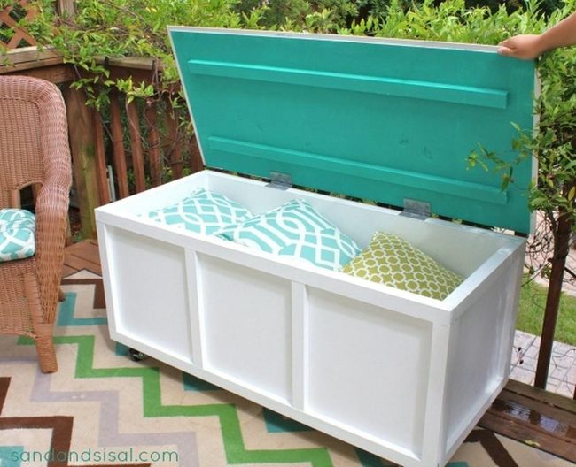 Turquoise Storage Benches, Striped Rugs