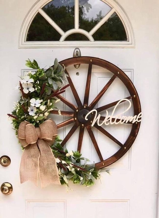 Wooden Wheel, Green Branches, Blooms