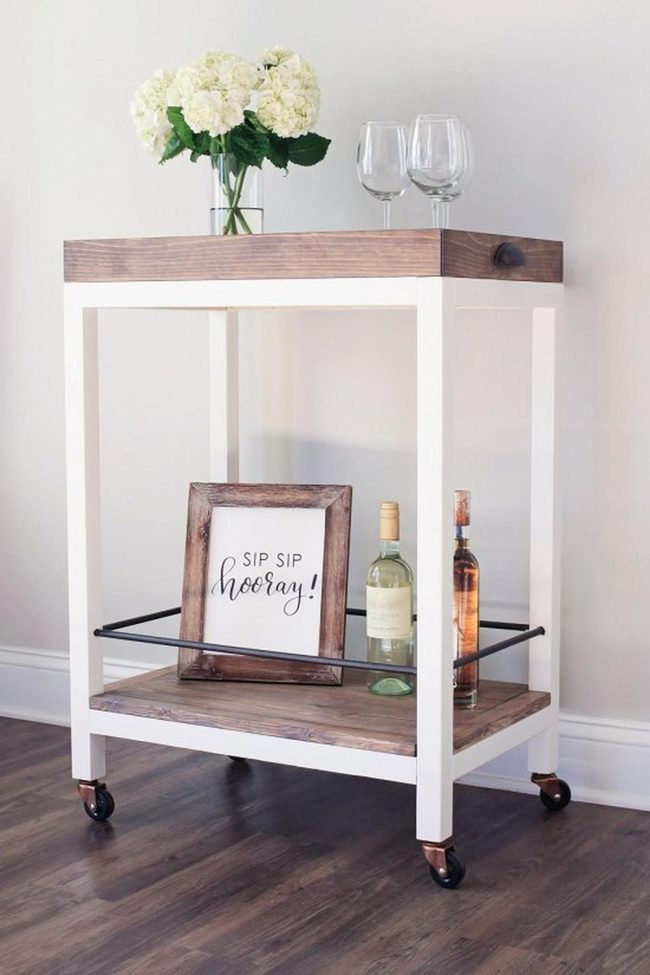 Wooden Bar Cart, White Wheeled Elegance