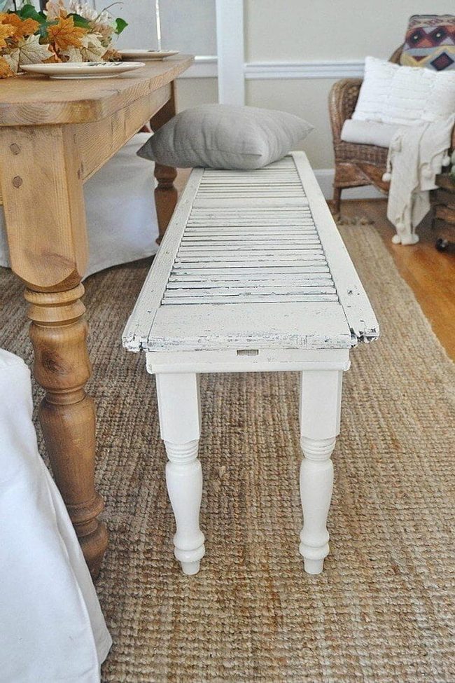 Weathered Shutter Bench, Crisp White Legs