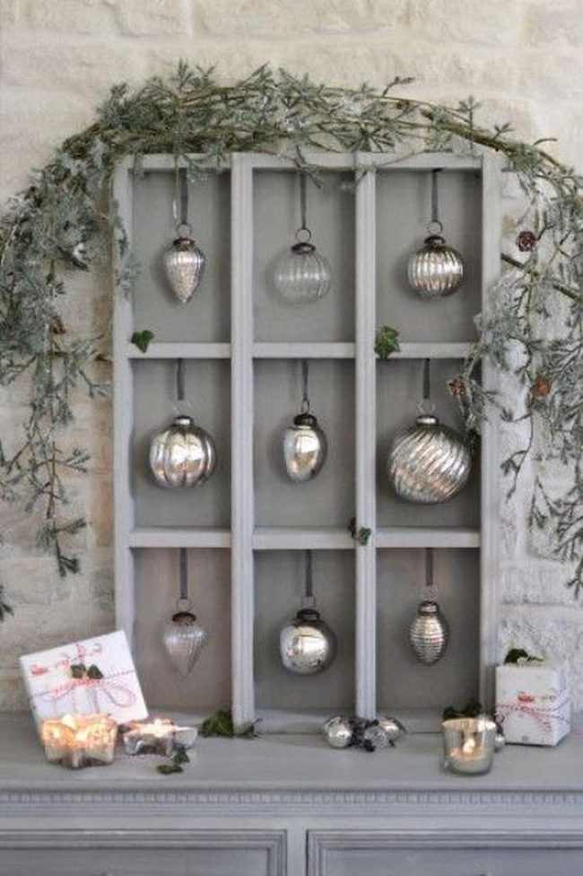Silver Ornaments With Fresh Evergreen