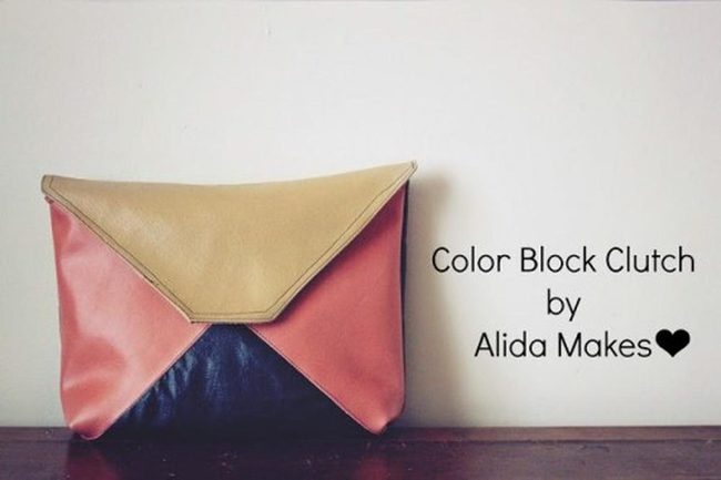 Navy Pink Beige Leather Clutch