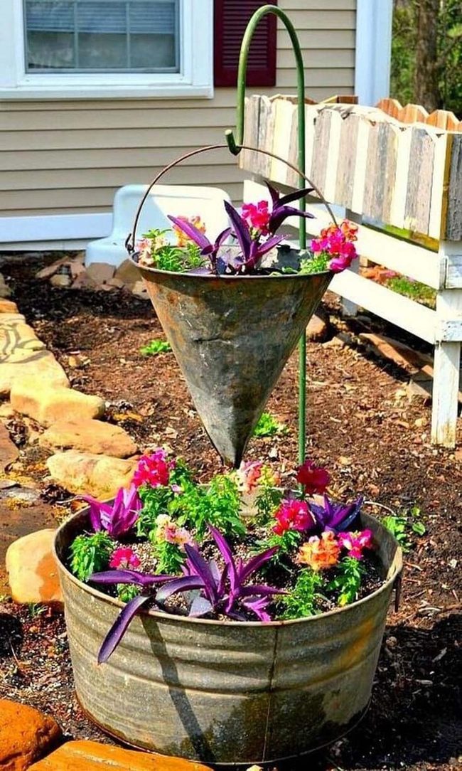 Repurposed Metal Buckets Blooming