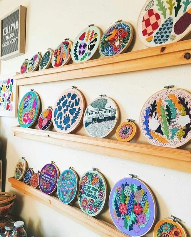 Embroidered Hoops On Wooden Shelves