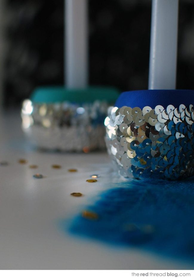 Silver Sequin Candle Holders With Teal Bands