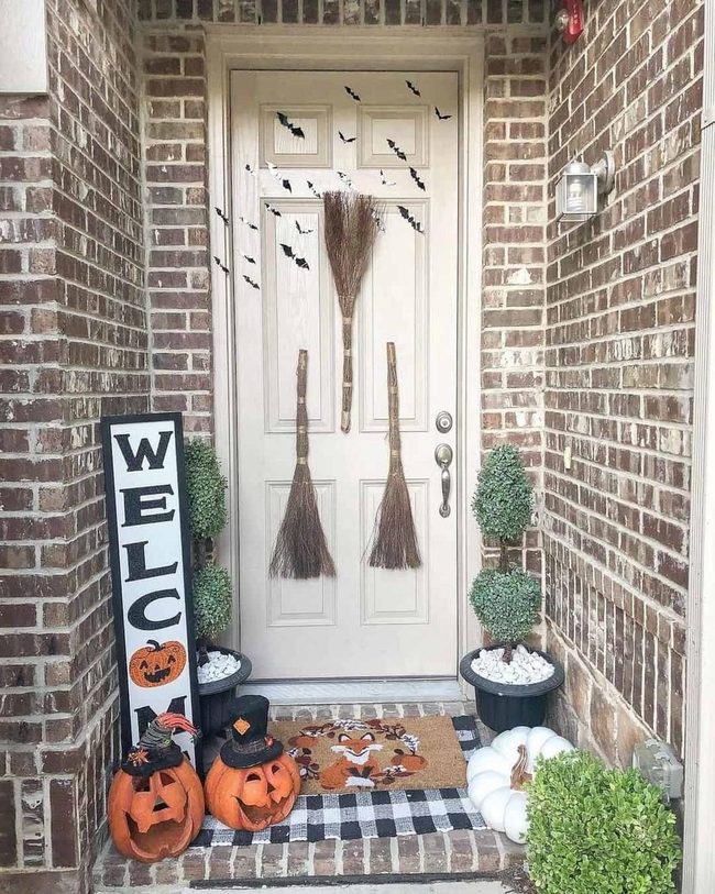 Orange Pumpkins Brick Porch Welcome