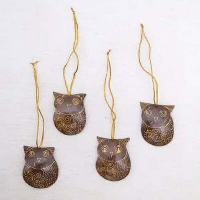 Carved Coconut Shell Owls