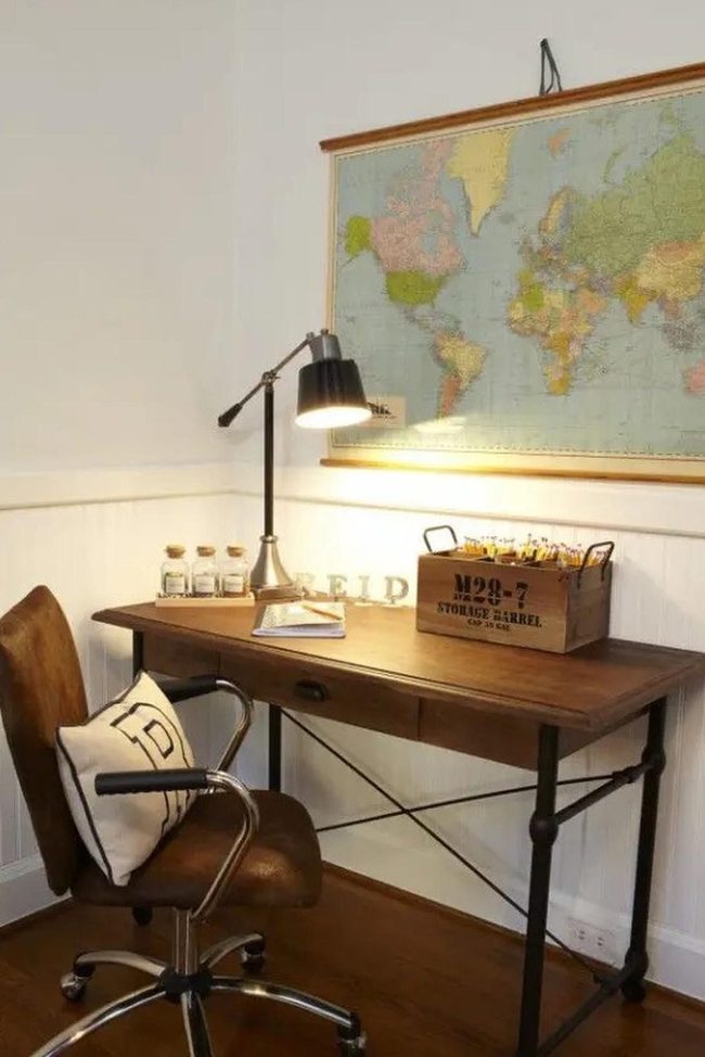 Wooden Desk, Black Metal Foundation