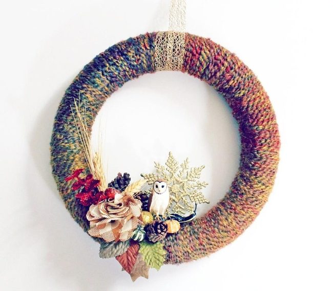 Knitted Autumn Wreath With Woodland Owl