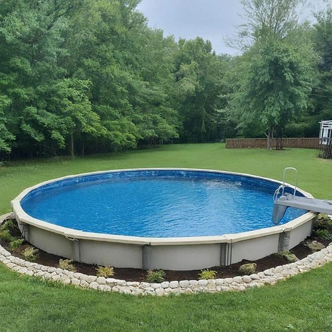 Wooden Deck Surrounds Above Ground Pool