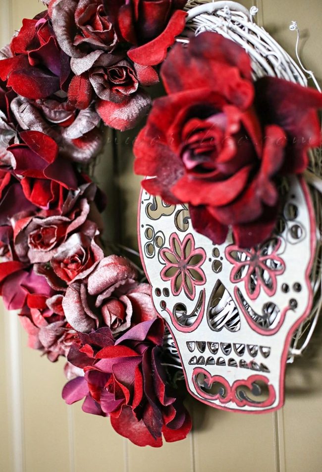 Dark Red Floral Skull Wreath
