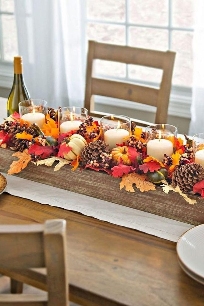 Golden Wood Table With Autumn Leaves