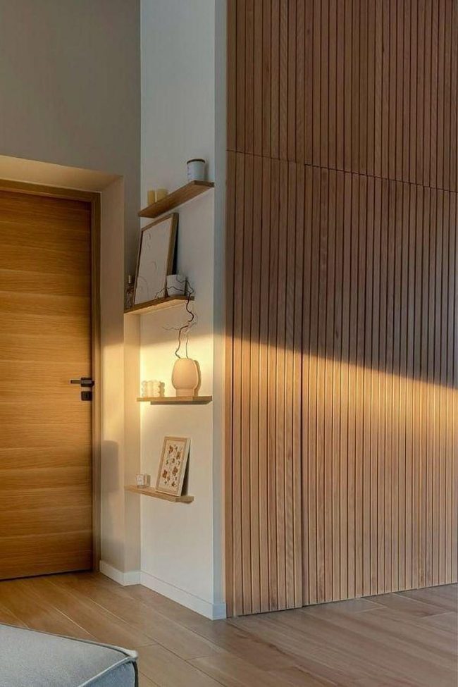 Natural Lumber Wall Panels With Floating Shelves
