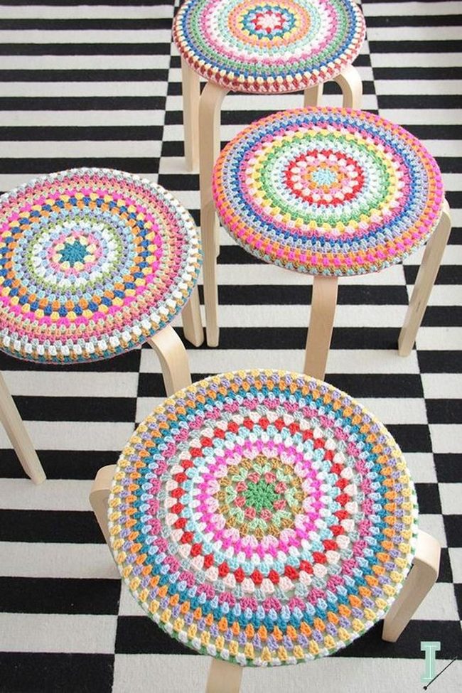 Crocheted Stools In Rainbow Rounds