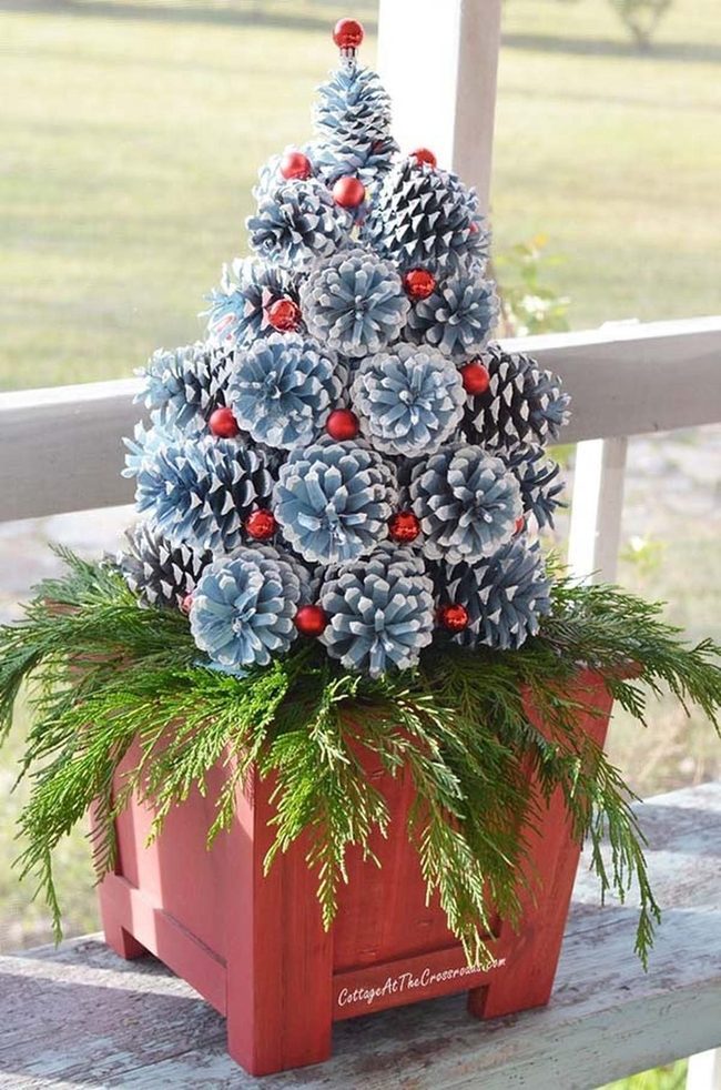 Red Planter, Icy Blue Pinecones