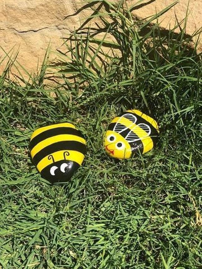 Painted Stone Bees Grass
