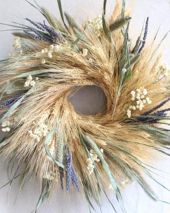 Golden Wheat Wreath With Purple Accents
