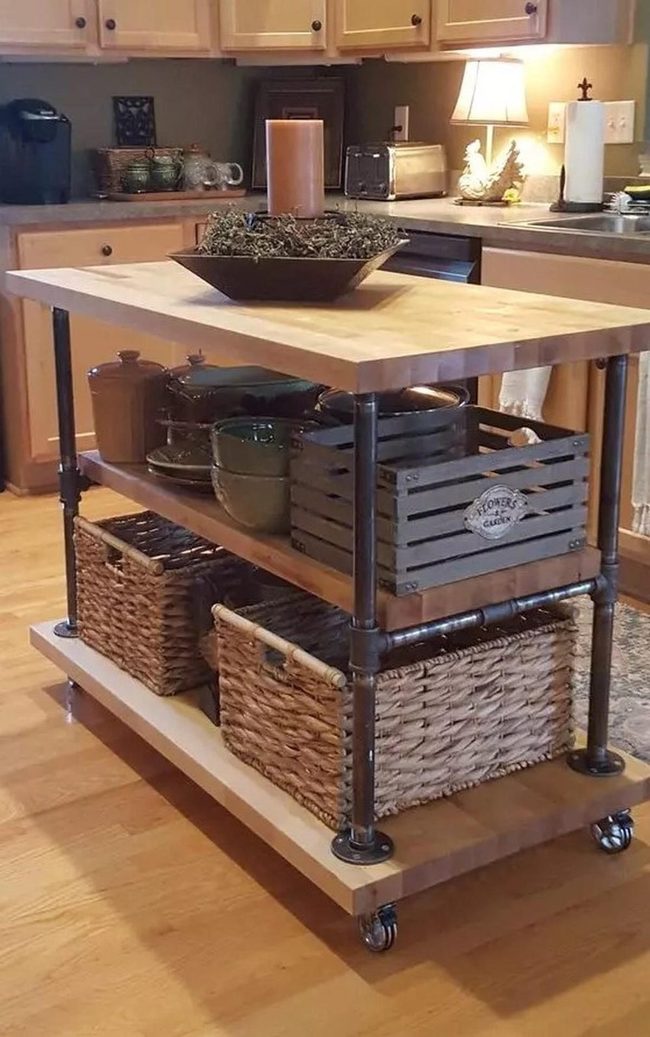 Metal Pipe Island With Woven Baskets