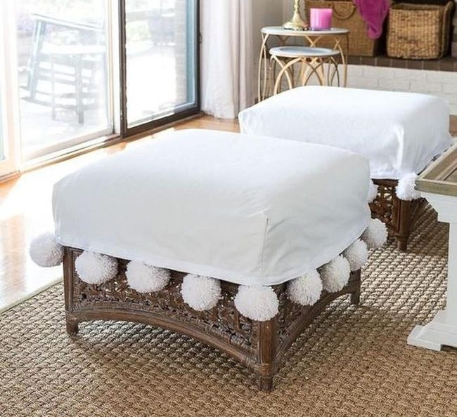 White Pom-Pom Ottomans Sunlit