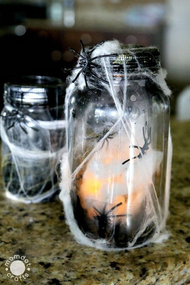 Glowing Mason Jar Spider Web