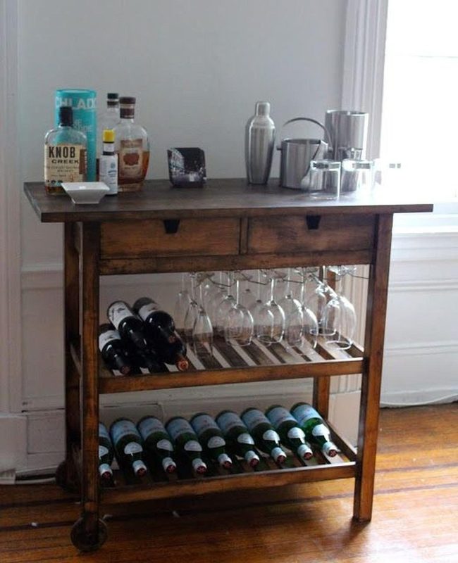 Wood Bar Cart With Hanging Glasses
