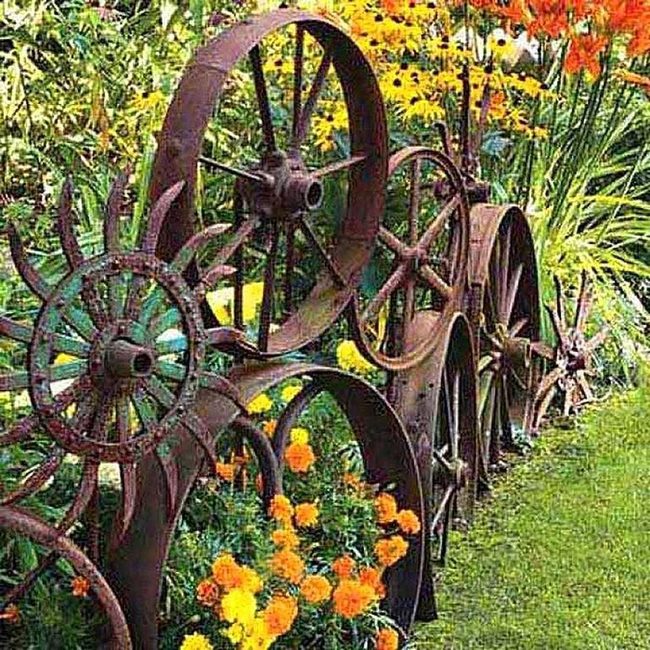 Rusted Metal Wheels Garden Edging