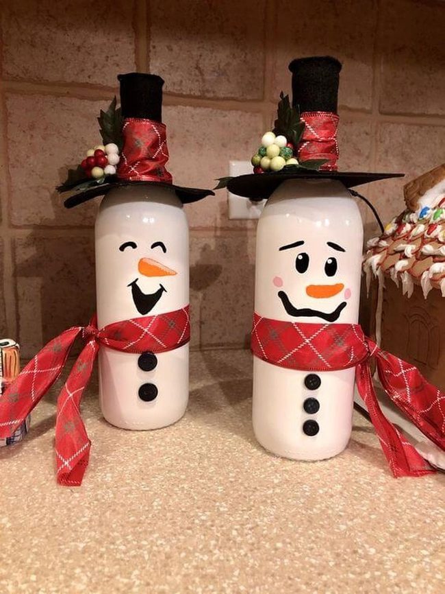 Recycled Bottle Snowmen With Plaid Scarves