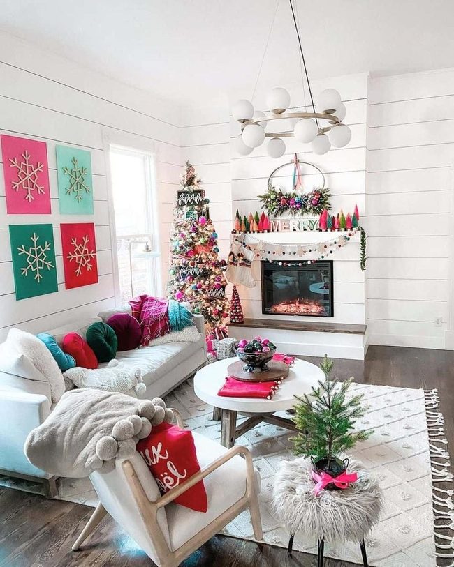 Multicolor Snowflakes On White Shiplap