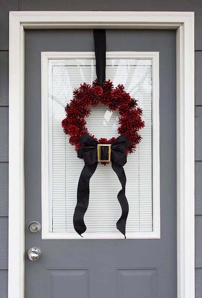 Red Pinecone Wreath With Black Ribbon